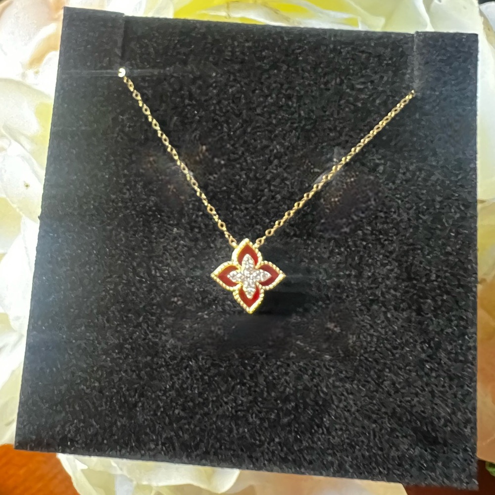 Red Dainty Venetian flower necklace 18k solid gold